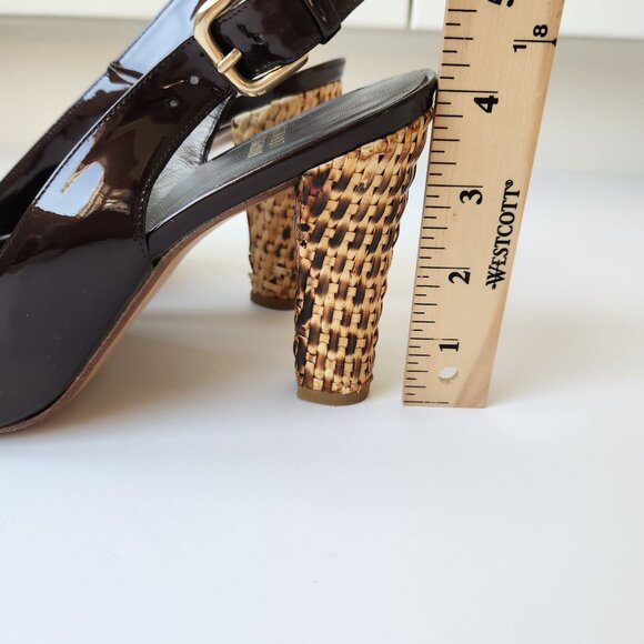 Stuart Weitzman Brown Patent Leather Slingback Heels Woven Block Heel Bows 9.5 M - Picture 11 of 15